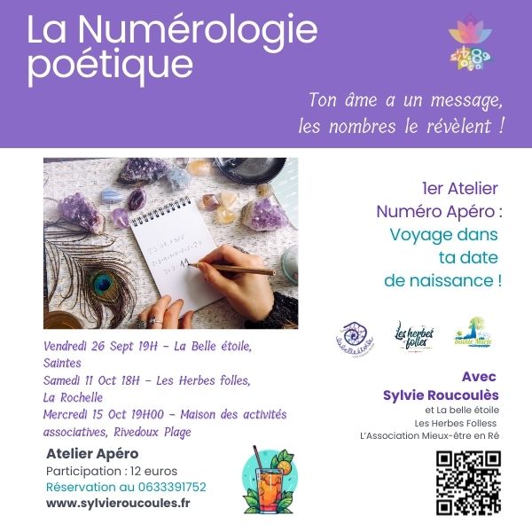 Numérologie Poétique : 3 Ateliers Conférence à Saintes, La Rochelle, Rivedoux Plage